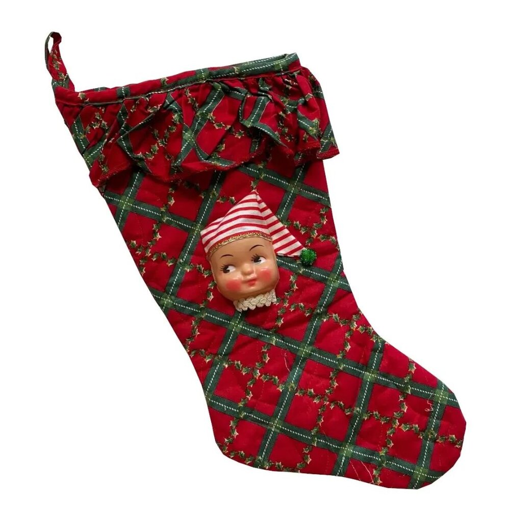 Christmas Stocking with Dolly Face Holiday Decor Xmas Vintage Handmade